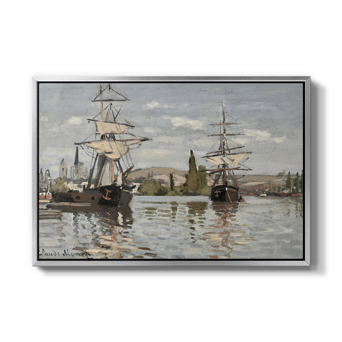 Ships Riding on the Seine at Rouen, 1872 by Claude Monet in a silver floater framed canvas wall art display.