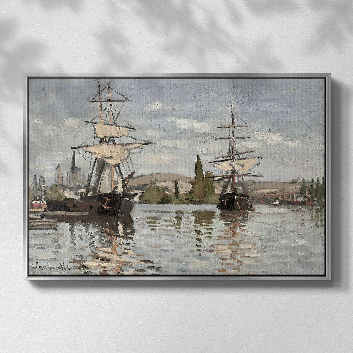 Front view of Ships Riding on the Seine at Rouen, 1872 by Claude Monet in a silver floater framed canvas.