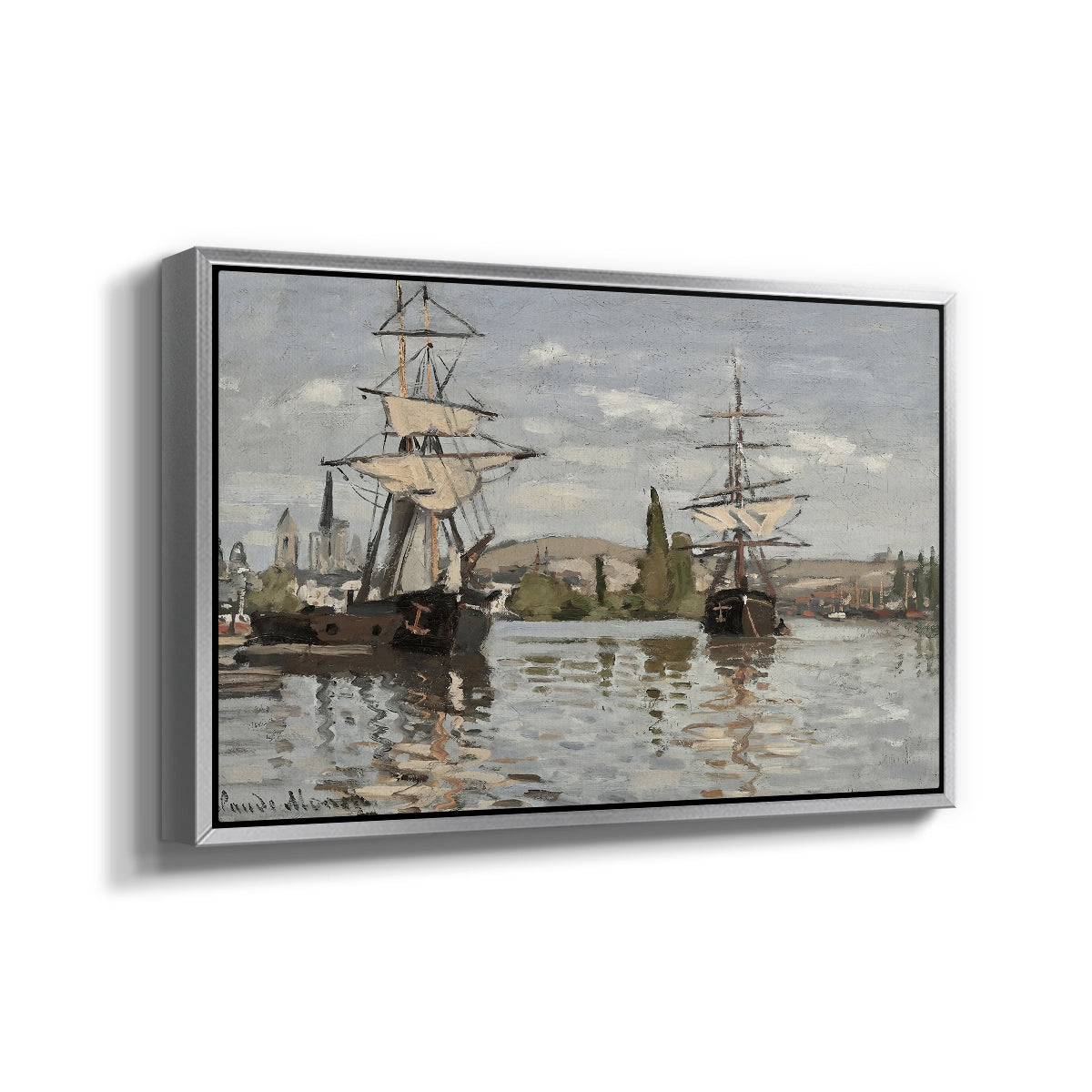 Angled view of Ships Riding on the Seine at Rouen, 1872 by Claude Monet in a silver floater framed canvas.