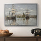 Ships Riding on the Seine at Rouen, 1872 by Claude Monet in a silver floater framed canvas displayed above a console table in a hallway, featuring a nautical landscape with vessels resting on calm water.