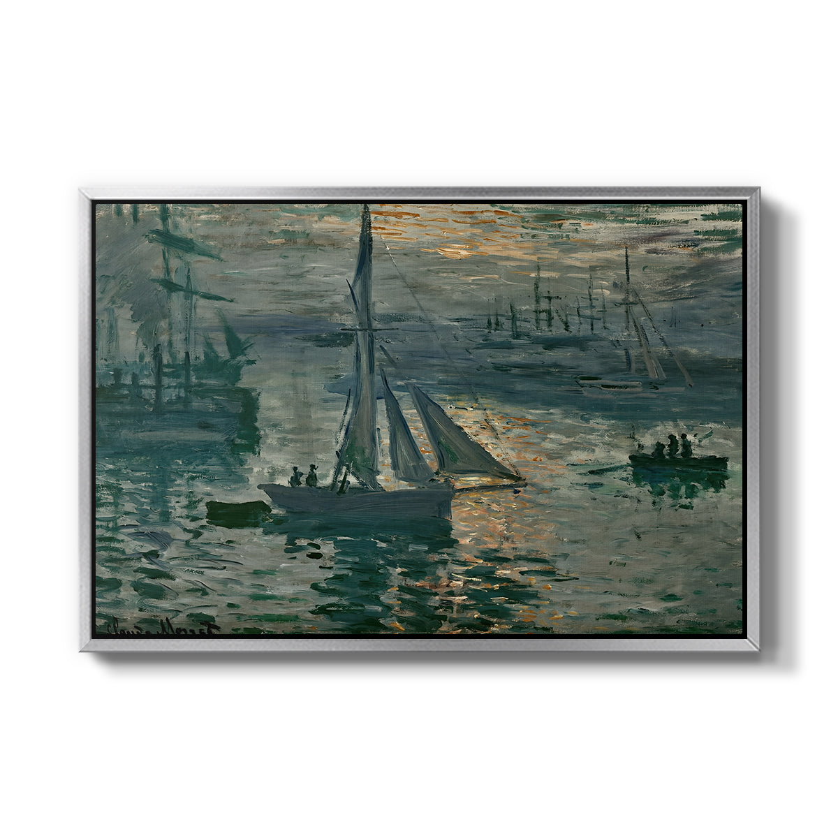 Sunrise (Marine), 1873 by Claude Monet in a silver floater framed canvas wall art display.