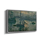 Angled view of Sunrise (Marine), 1873 by Claude Monet in a silver floater framed canvas.