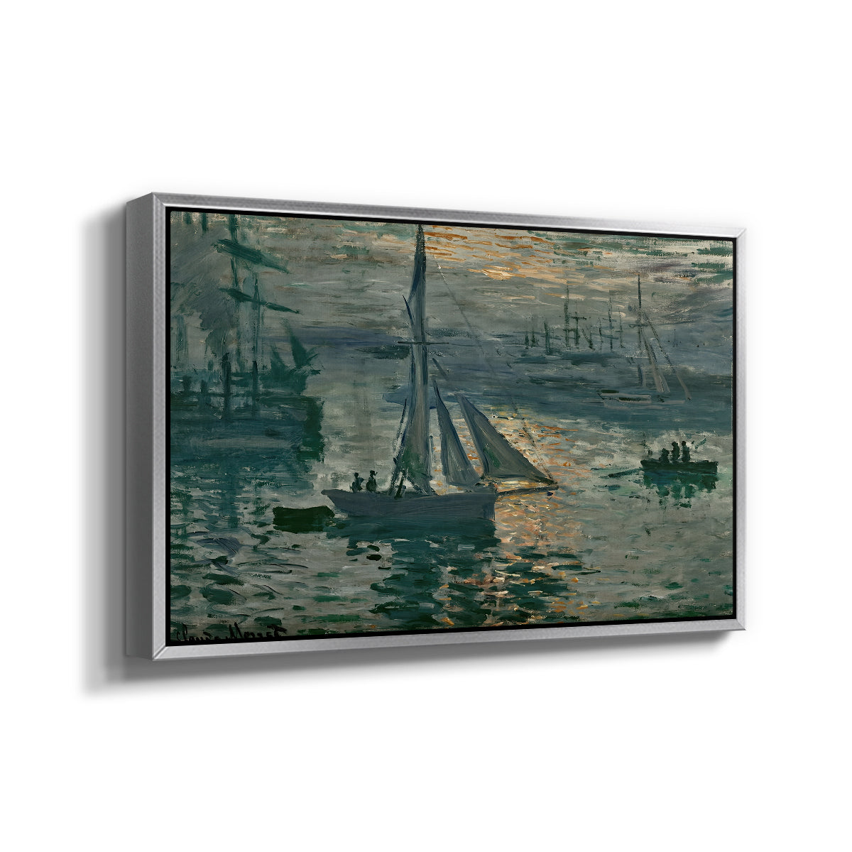 Angled view of Sunrise (Marine), 1873 by Claude Monet in a silver floater framed canvas.