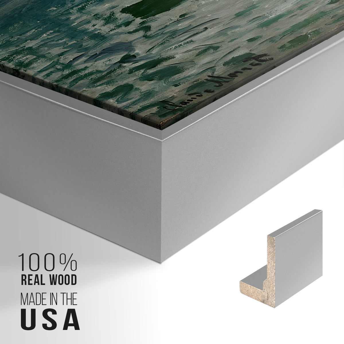 Close-up of the silver floater frame corner and gallery wrapped canvas construction.