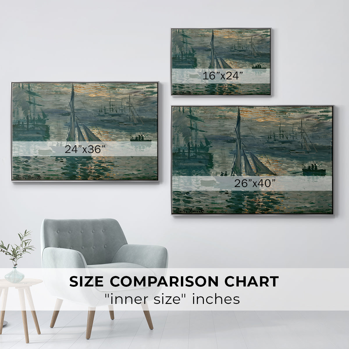 Size comparison chart for silver floater framed canvas featuring Sunrise (Marine), 1873 by Claude Monet.