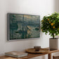 Sunrise (Marine), 1873 by Claude Monet, presented in a silver floater framed canvas featuring a hazy sunrise over harbor with boats silhouetted in soft morning light, displayed above a hallway console table.