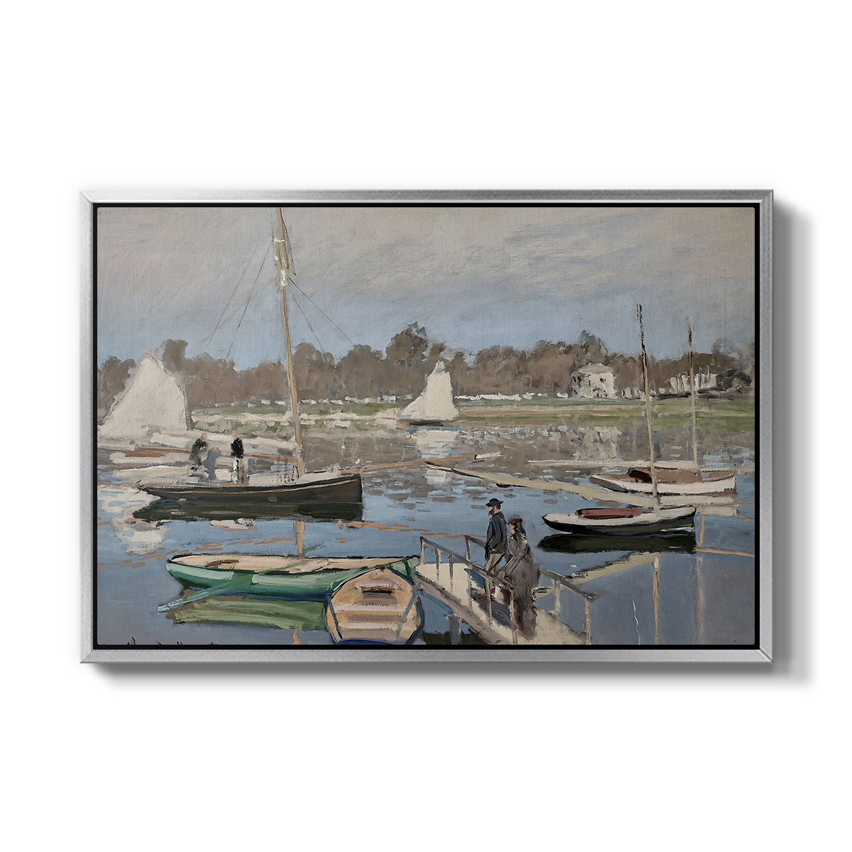 The Basin at Argenteuil, 1874 by Claude Monet in a silver floater framed canvas wall art display.