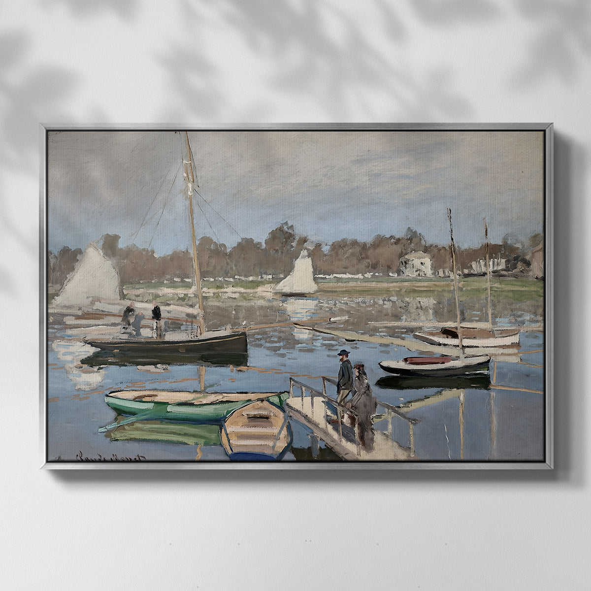 Front view of The Basin at Argenteuil, 1874 by Claude Monet in a silver floater framed canvas.