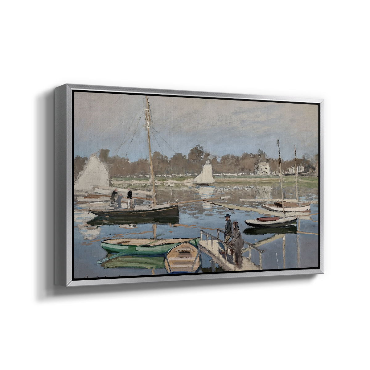 Angled view of The Basin at Argenteuil, 1874 by Claude Monet in a silver floater framed canvas.