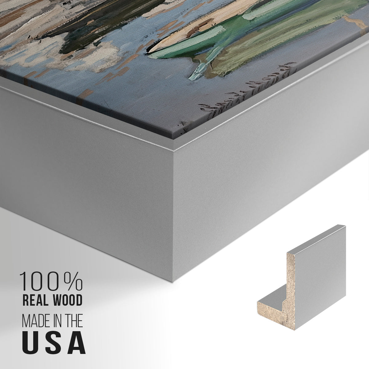 Close-up of the silver floater frame corner and gallery wrapped canvas construction.