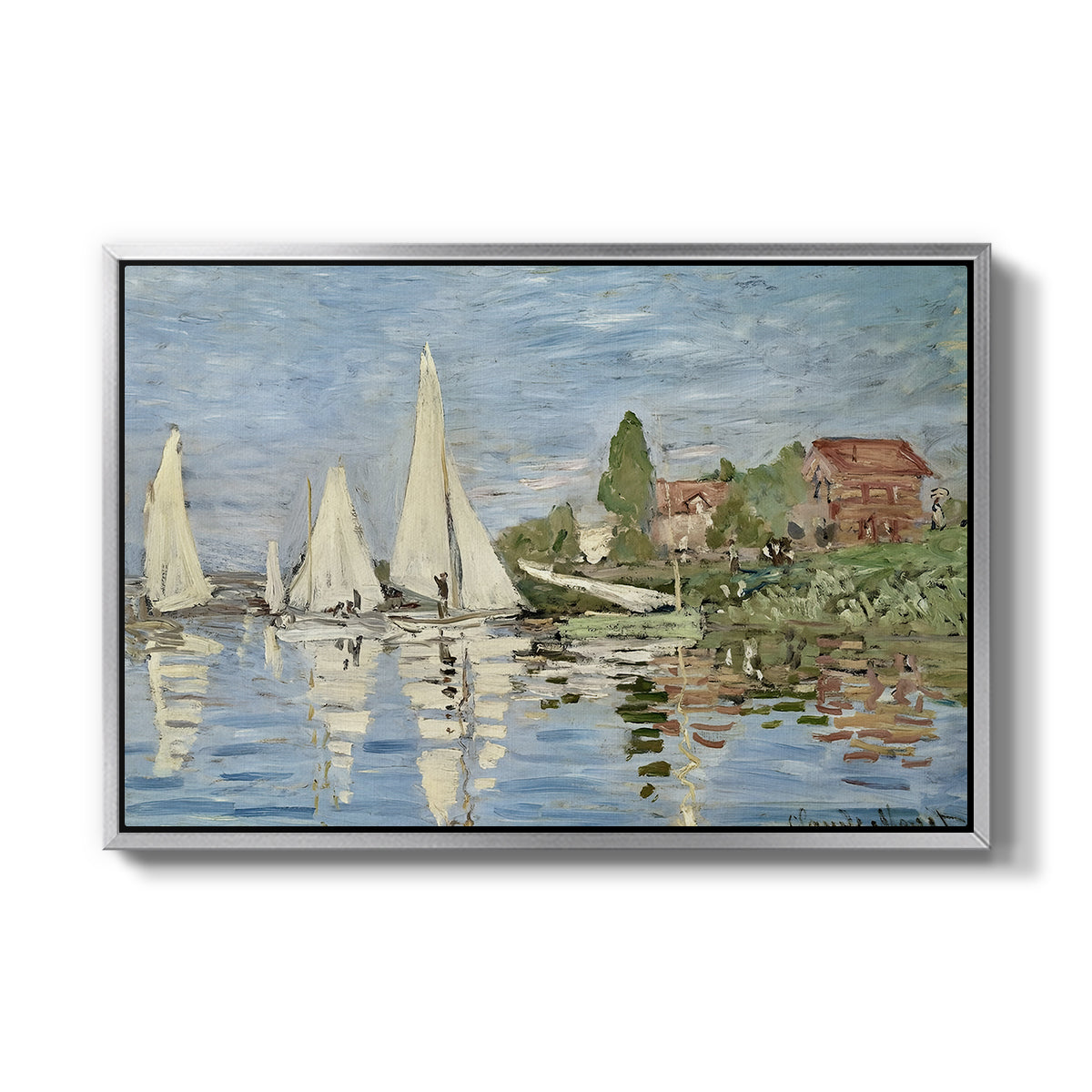 Regatta at Argenteuil, 1872 by Claude Monet in a silver floater framed canvas wall art display.