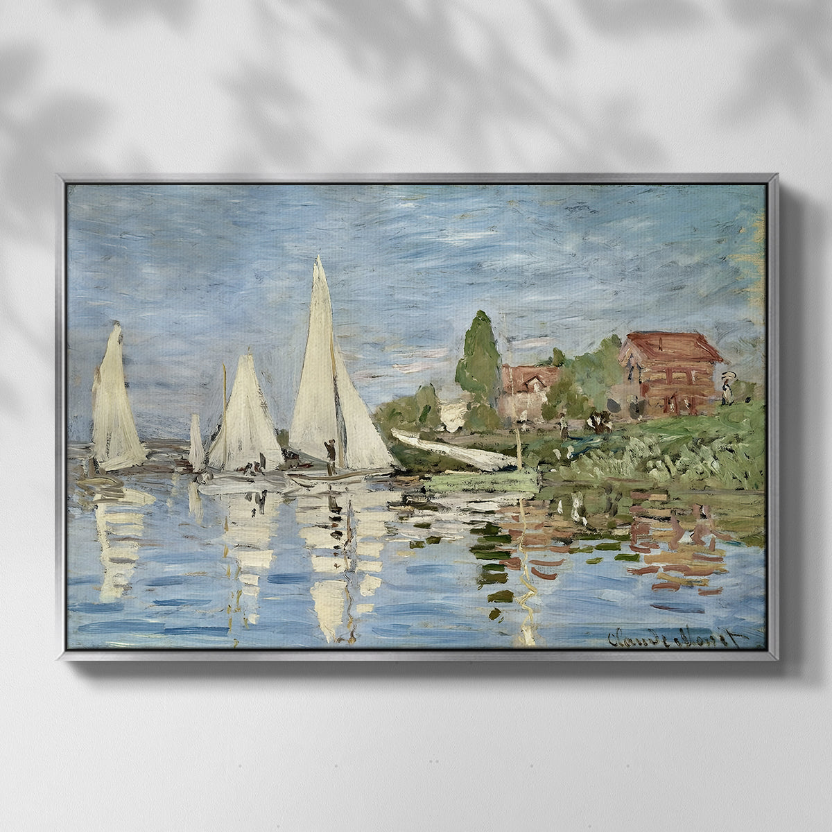 Front view of Regatta at Argenteuil, 1872 by Claude Monet in a silver floater framed canvas.