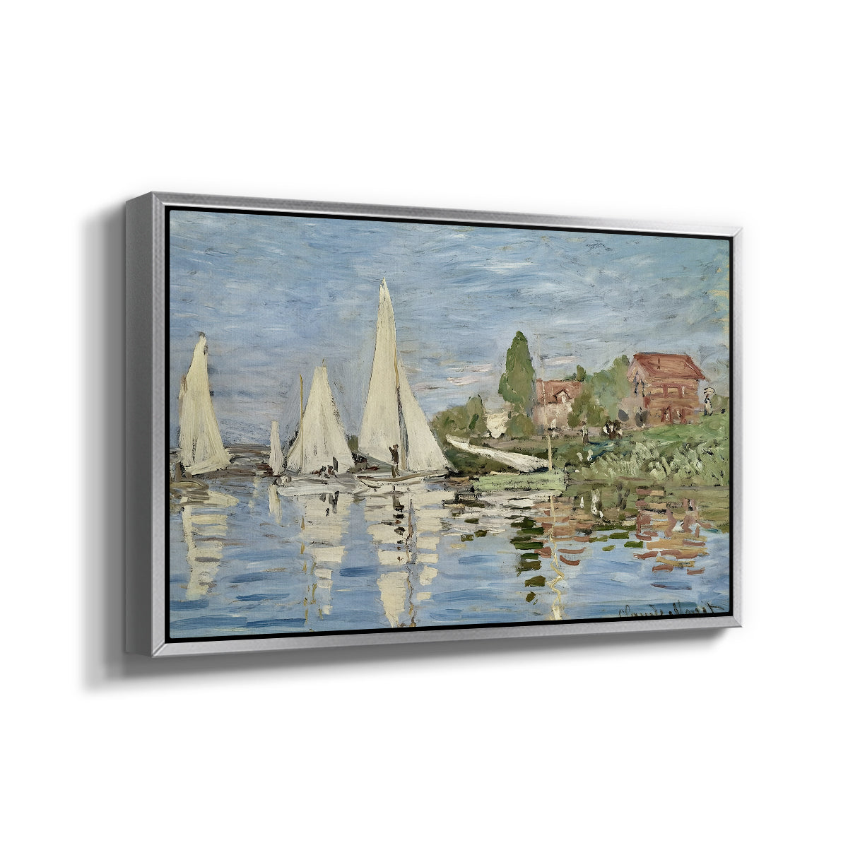 Angled view of Regatta at Argenteuil, 1872 by Claude Monet in a silver floater framed canvas.