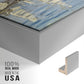 Close-up of the silver floater frame corner and gallery wrapped canvas construction.