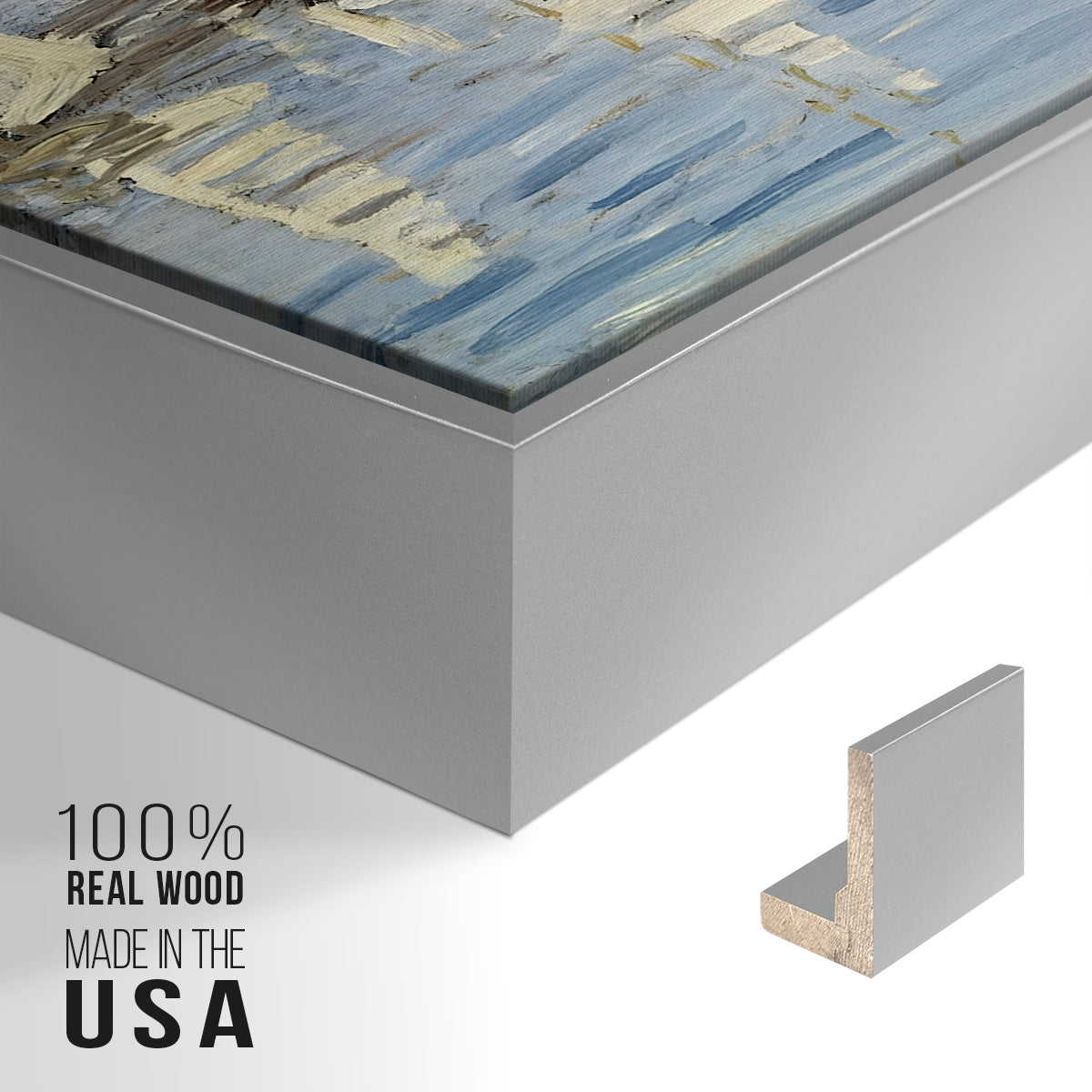 Close-up of the silver floater frame corner and gallery wrapped canvas construction.