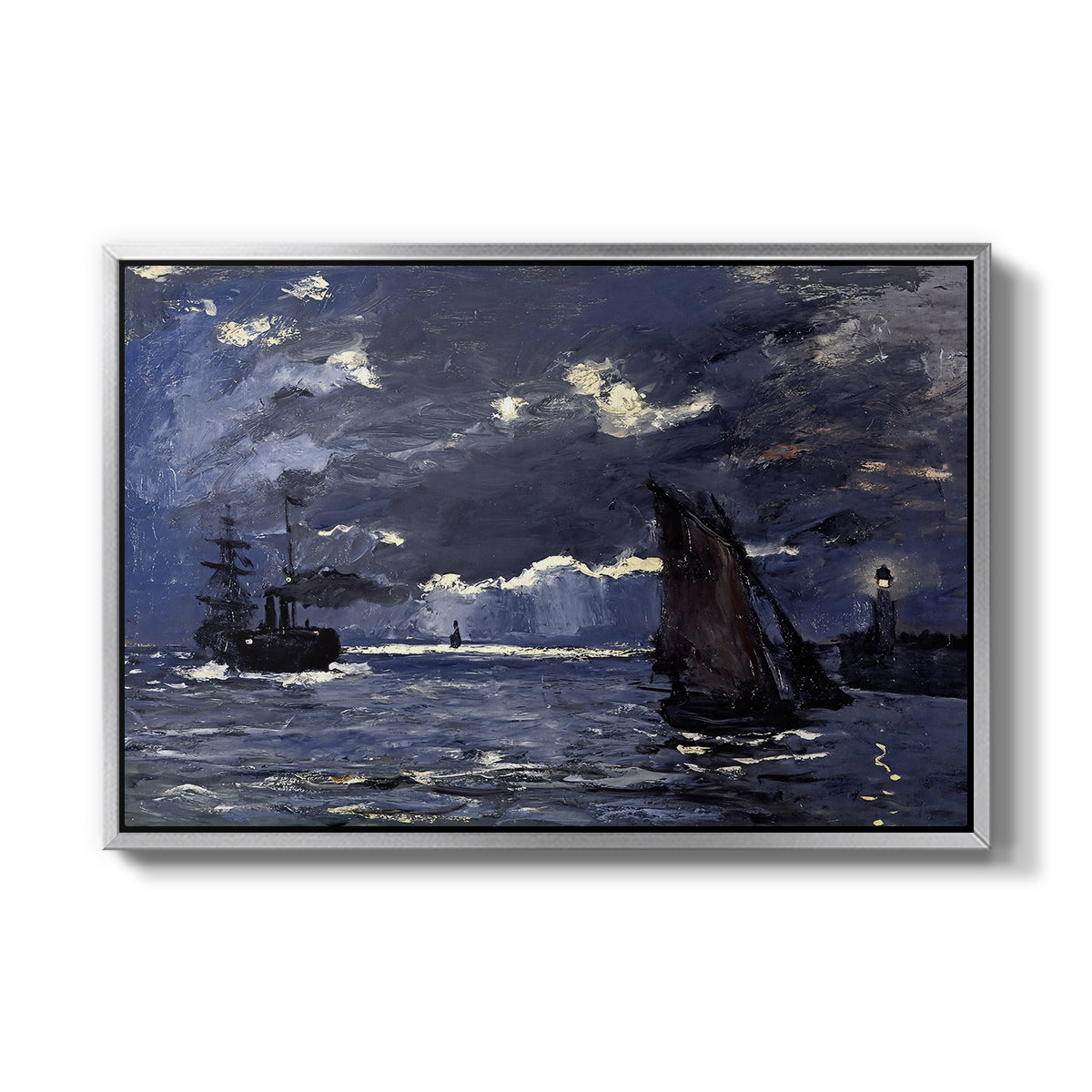 A Seascape, Shipping by Moonlight, 1864 by Claude Monet in a silver floater framed canvas wall art display.