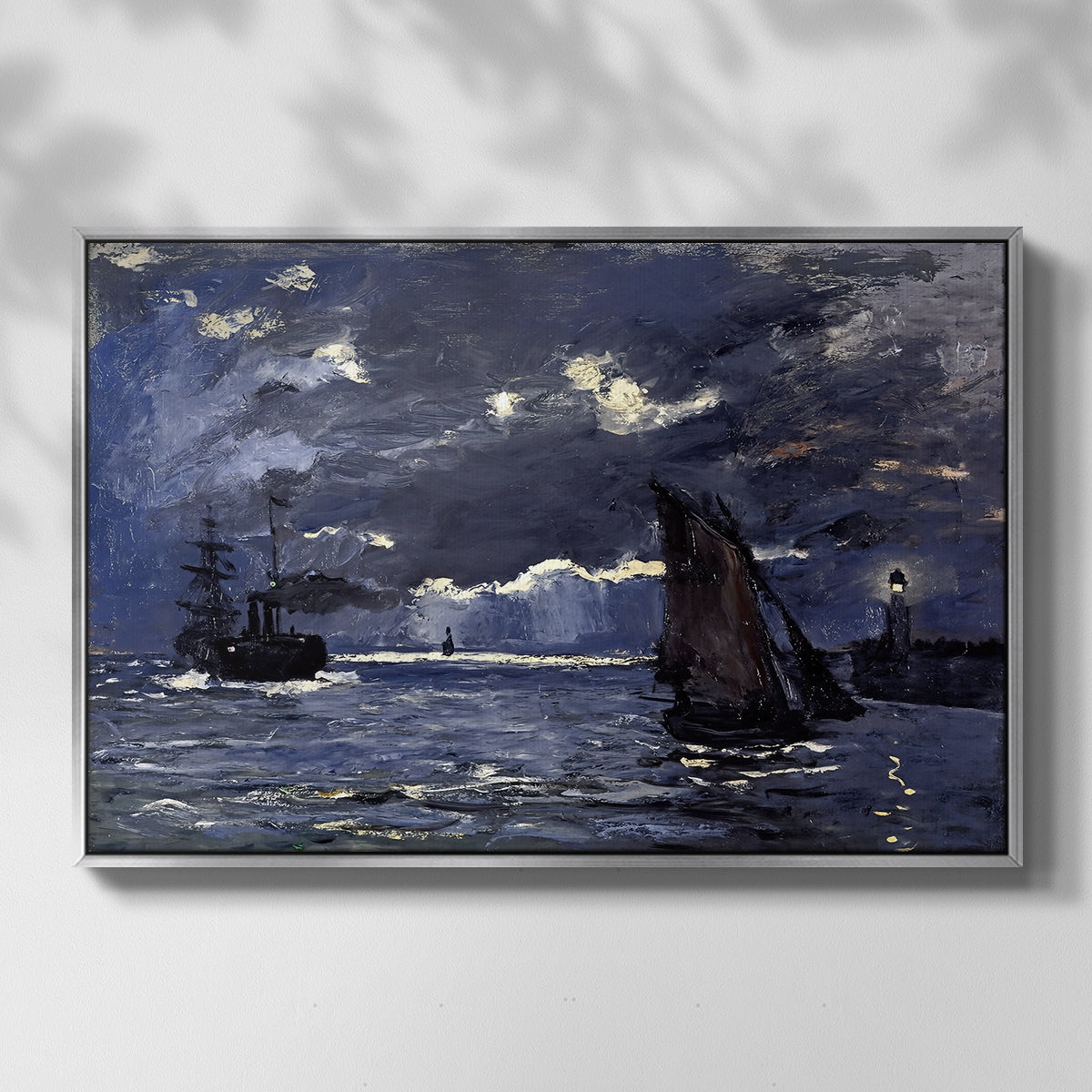 Front view of A Seascape, Shipping by Moonlight, 1864 by Claude Monet in a silver floater framed canvas.