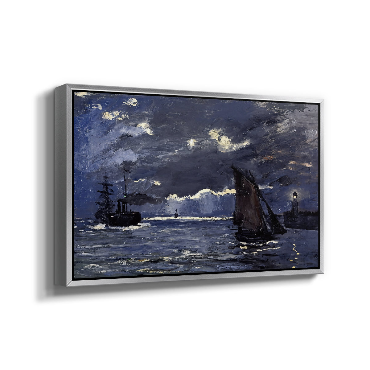 Angled view of A Seascape, Shipping by Moonlight, 1864 by Claude Monet in a silver floater framed canvas.