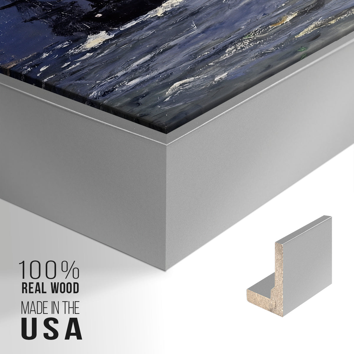 Close-up of the silver floater frame corner and gallery wrapped canvas construction.