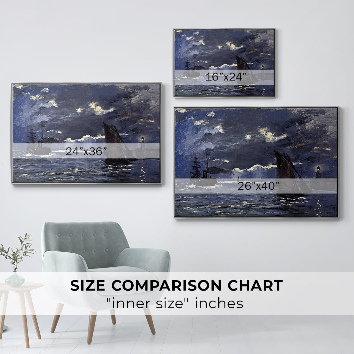 Size comparison chart for silver floater framed canvas featuring A Seascape, Shipping by Moonlight, 1864 by Claude Monet.