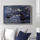 A Seascape, Shipping by Moonlight, 1864 by Claude Monet displayed above a sofa in a living room in a silver floater frame, featuring a nocturnal seascape with boats silhouetted against glowing moon.