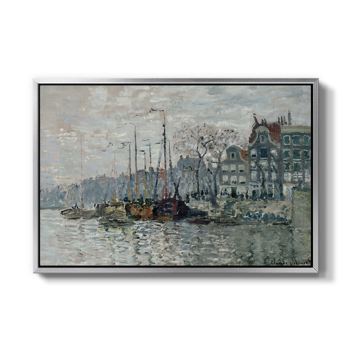 View of the Prins Hendrikkade and Kromme Waal in Amsterdam, 1874 by Claude Monet in a silver floater framed canvas wall art display.