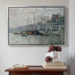 Silver floater framed canvas featuring View of the Prins Hendrikkade and Kromme Waal in Amsterdam, 1874 by Claude Monet above an entryway table in a minimalist foyer.