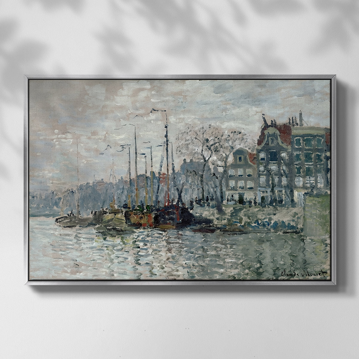 Front view of View of the Prins Hendrikkade and Kromme Waal in Amsterdam, 1874 by Claude Monet in a silver floater framed canvas.