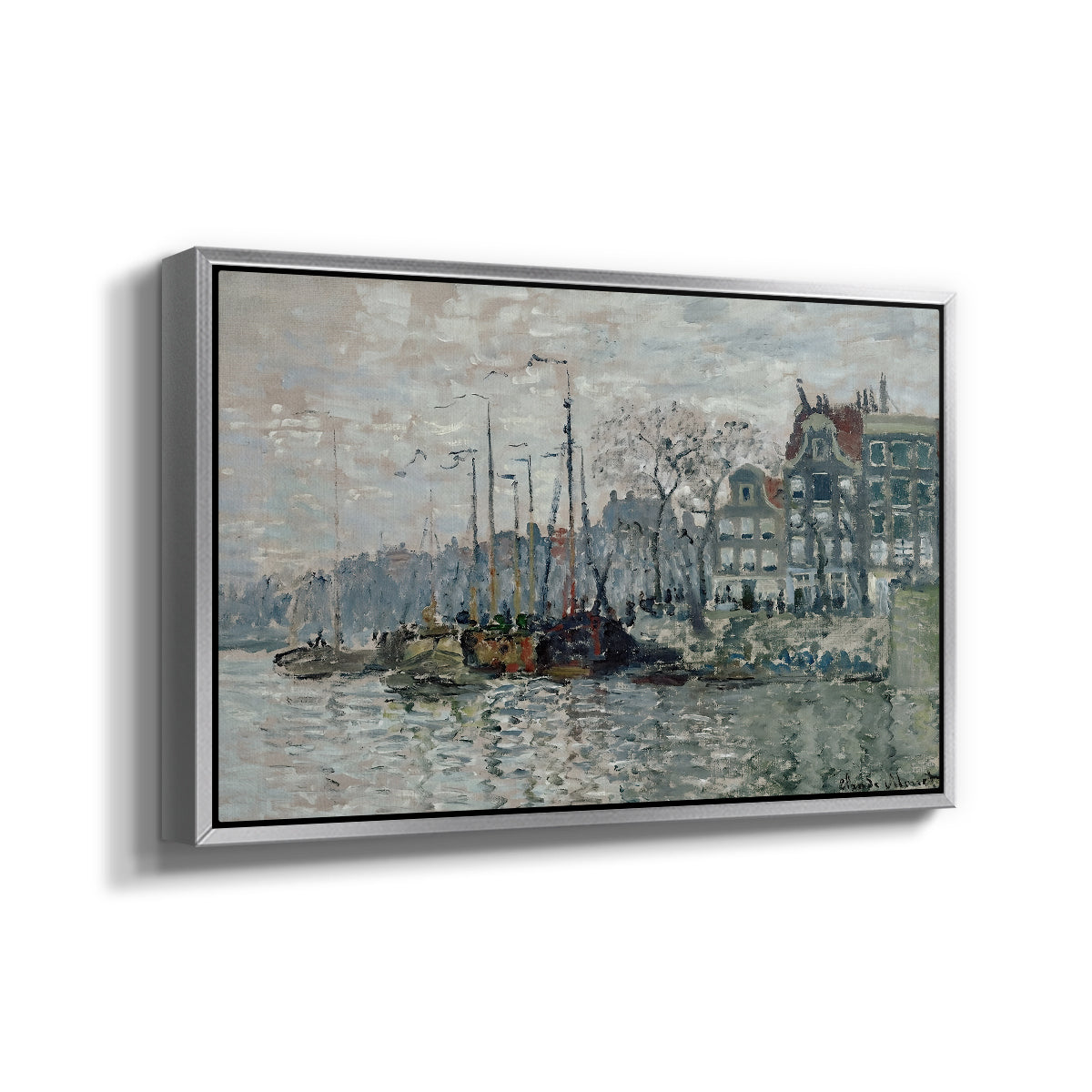 Angled view of View of the Prins Hendrikkade and Kromme Waal in Amsterdam, 1874 by Claude Monet in a silver floater framed canvas.