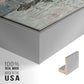 Close-up of the silver floater frame corner and gallery wrapped canvas construction.