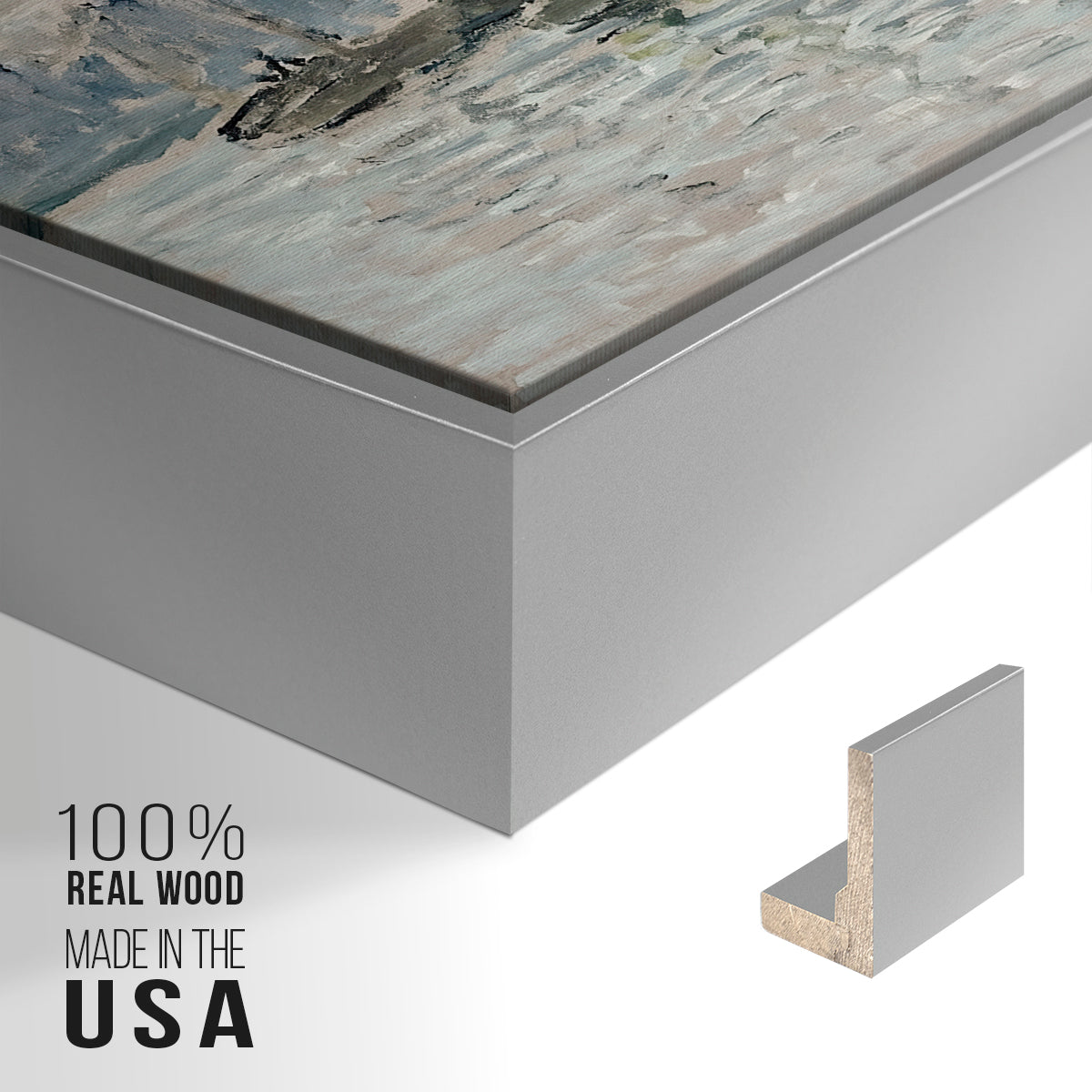 Close-up of the silver floater frame corner and gallery wrapped canvas construction.