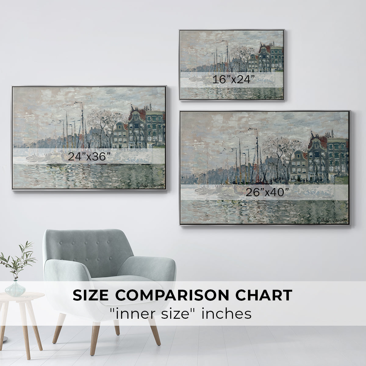 Size comparison chart for silver floater framed canvas featuring View of the Prins Hendrikkade and Kromme Waal in Amsterdam, 1874 by Claude Monet.