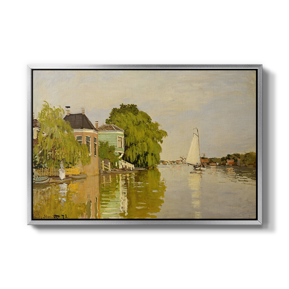 Houses on the Achterzaan, 1871 by Claude Monet in a silver floater framed canvas wall art display.