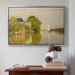 Silver floater framed canvas featuring Houses on the Achterzaan, 1871 by Claude Monet above an entryway table in a minimalist foyer.