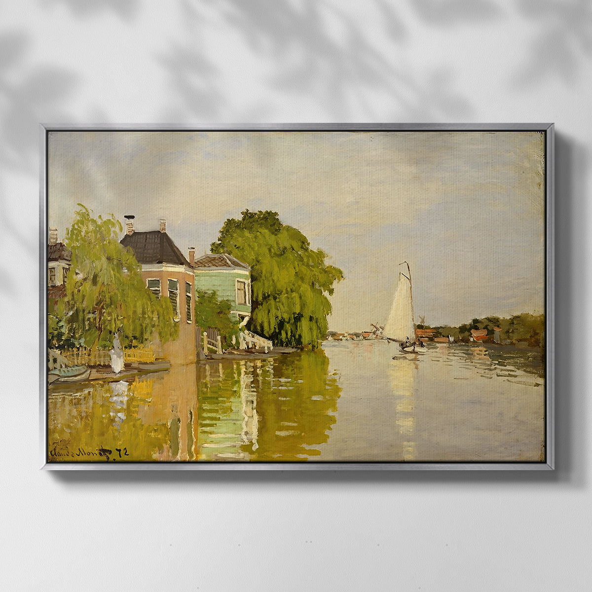 Front view of Houses on the Achterzaan, 1871 by Claude Monet in a silver floater framed canvas.