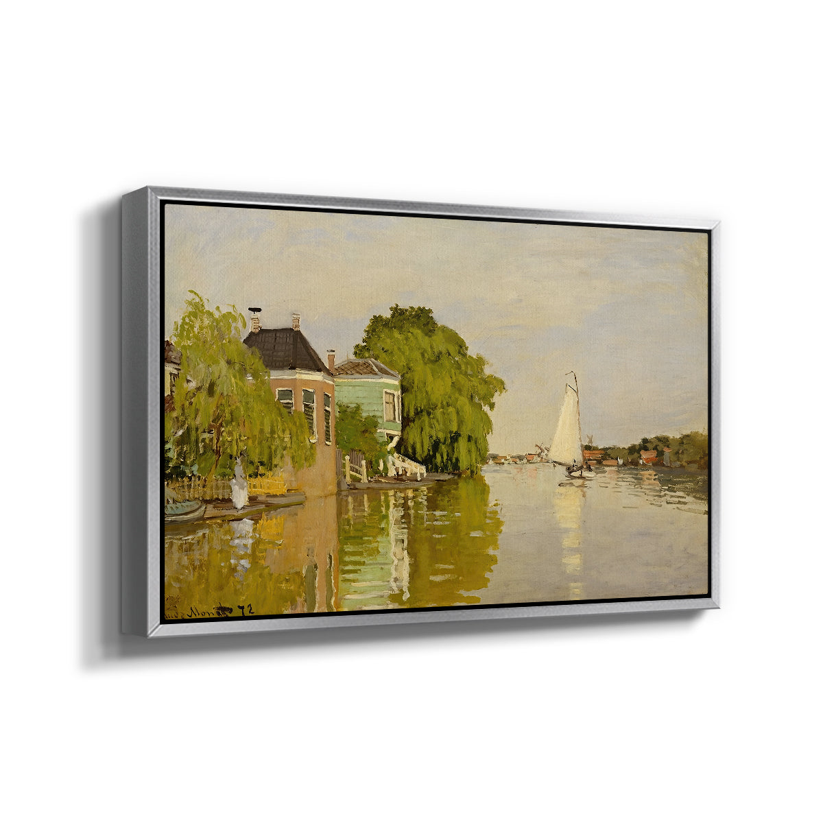 Angled view of Houses on the Achterzaan, 1871 by Claude Monet in a silver floater framed canvas.