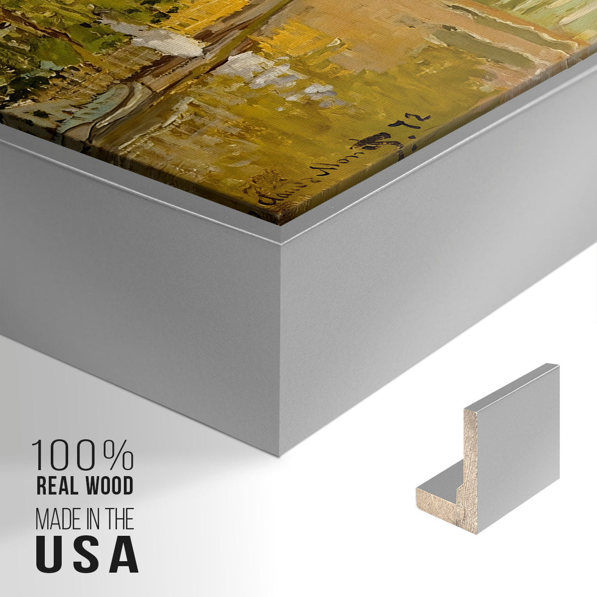 Close-up of the silver floater frame corner and gallery wrapped canvas construction.