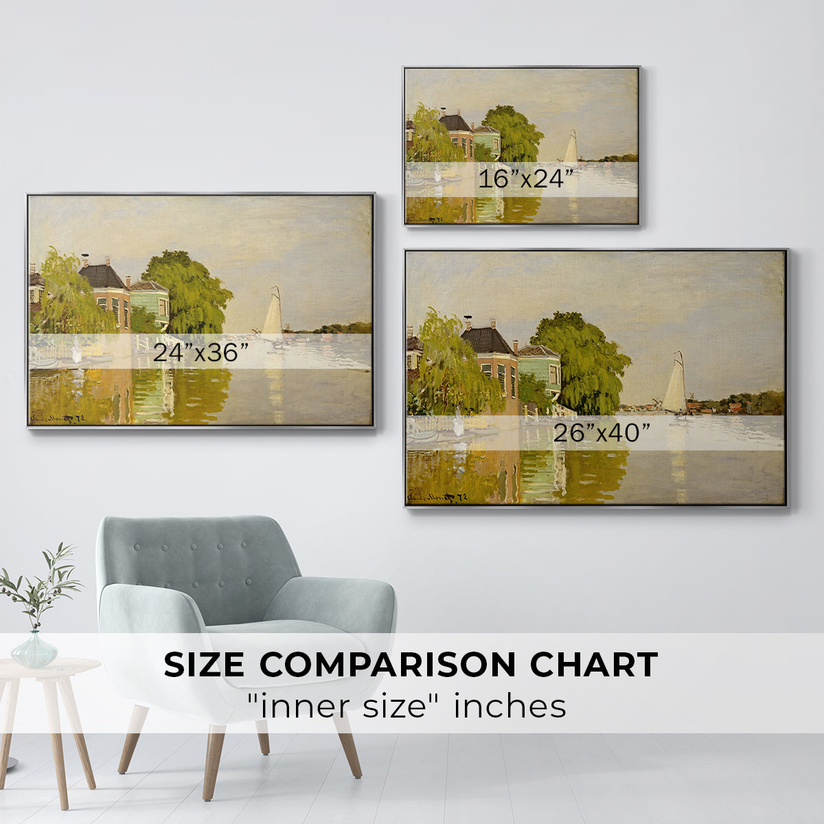 Size comparison chart for silver floater framed canvas featuring Houses on the Achterzaan, 1871 by Claude Monet.