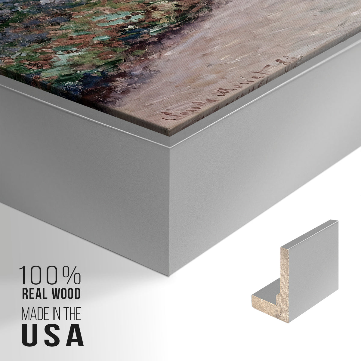 Close-up of the silver floater frame corner and gallery wrapped canvas construction.
