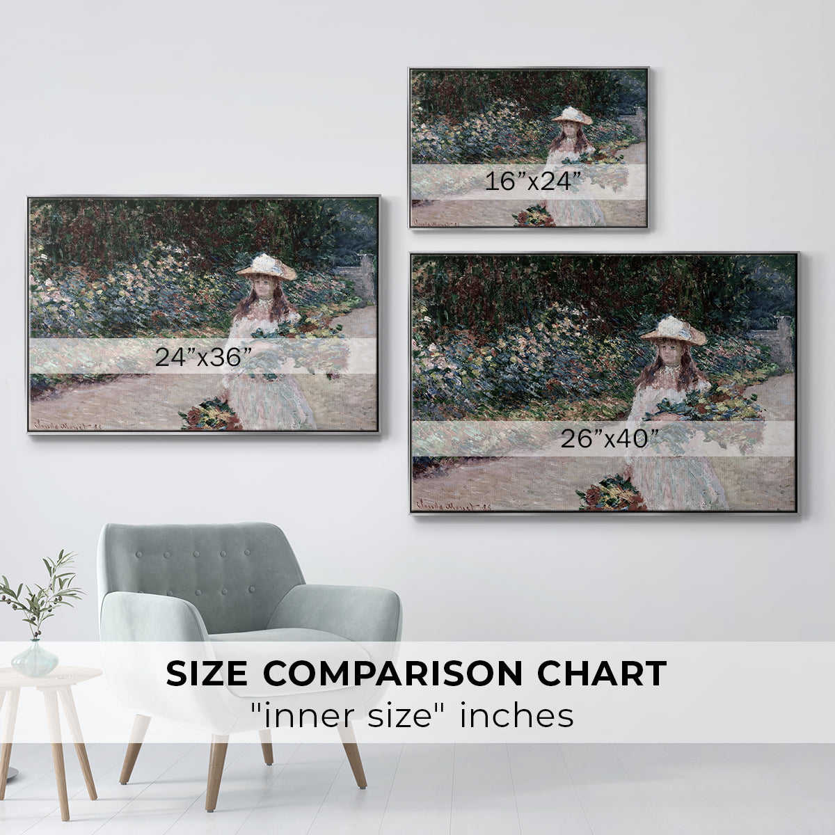 Size comparison chart for silver floater framed canvas featuring Young Girl in the Garden at Giverny, 1888 by Claude Monet.
