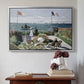 Silver floater framed canvas featuring Garden at Sainte-Adresse, 1867 by Claude Monet above an entryway table in a minimalist foyer.