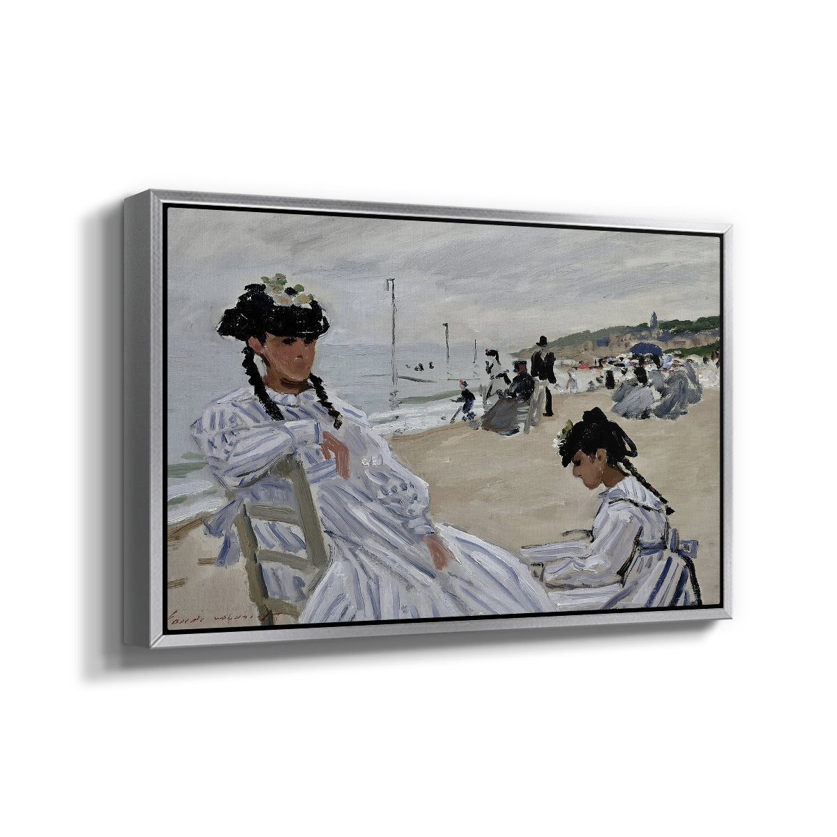 Angled view of On the Beach at Trouville, 1870 by Claude Monet in a silver floater framed canvas.