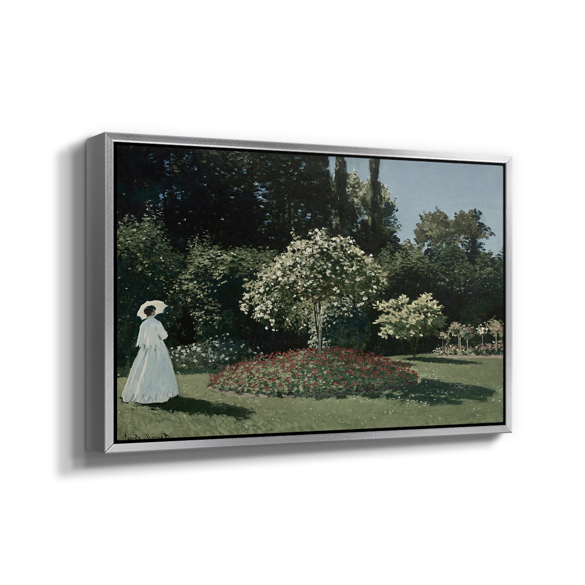Angled view of Woman in the Garden, Sainte-Adresse, 1867 by Claude Monet in a silver floater framed canvas.