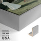 Close-up of the silver floater frame corner and gallery wrapped canvas construction.