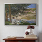 Silver floater framed canvas featuring On the Bank of the Seine, Bennecourt, 1868 by Claude Monet above an entryway table in a minimalist foyer.