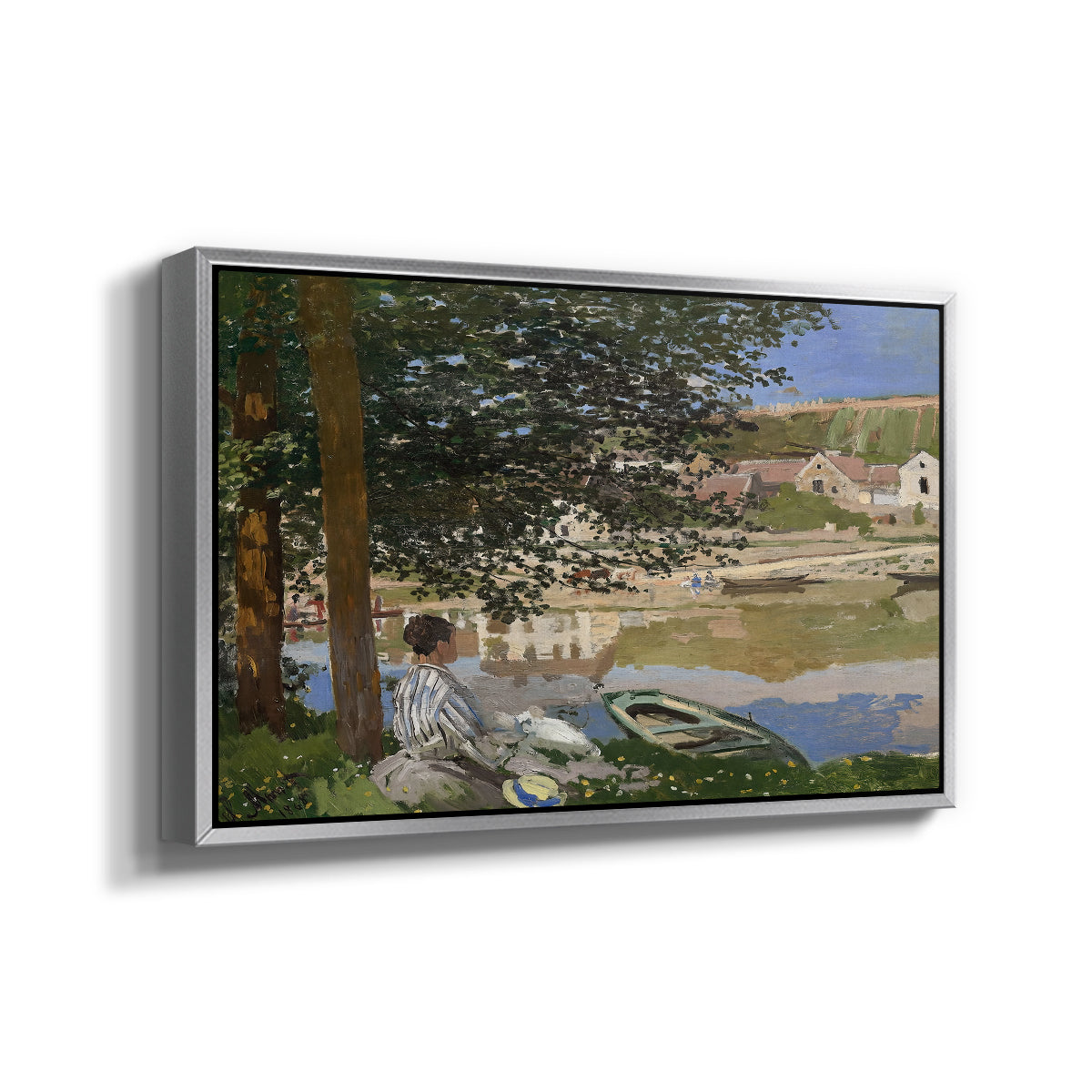Angled view of On the Bank of the Seine, Bennecourt, 1868 by Claude Monet in a silver floater framed canvas.