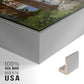Close-up of the silver floater frame corner and gallery wrapped canvas construction.