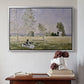 Silver floater framed canvas featuring Summer (L'ete), 1874 by Claude Monet above an entryway table in a minimalist foyer.