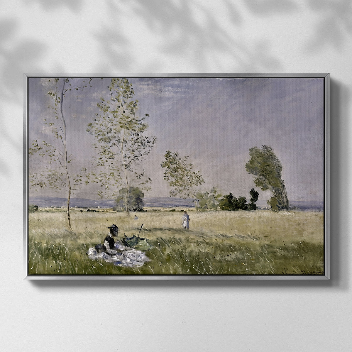 Front view of Summer (L'ete), 1874 by Claude Monet in a silver floater framed canvas.