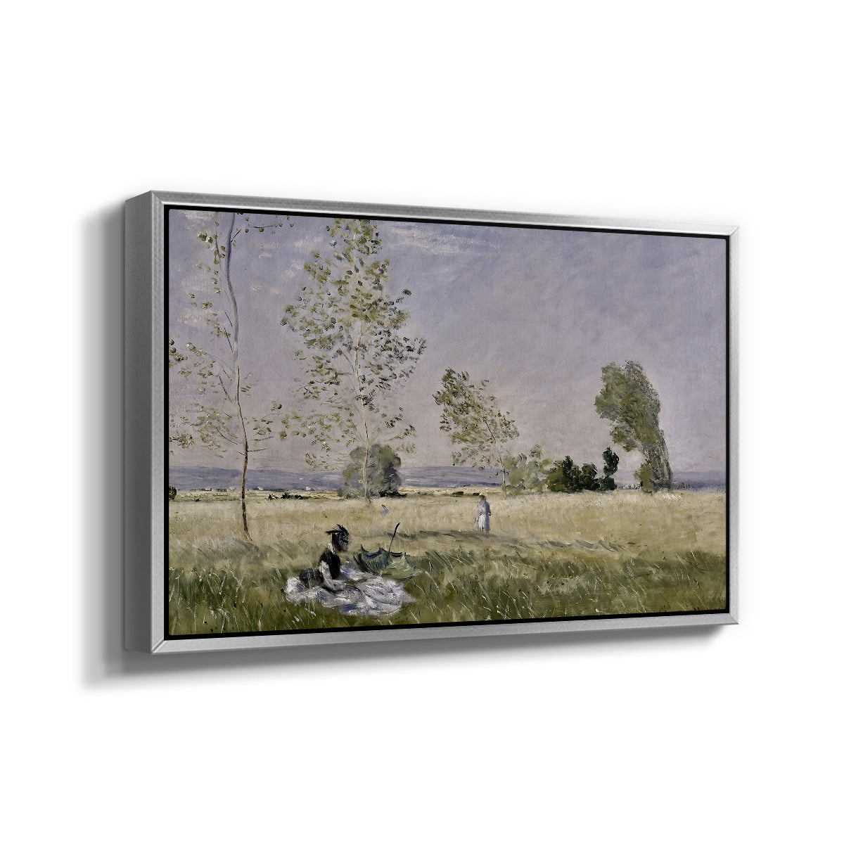 Angled view of Summer (L'ete), 1874 by Claude Monet in a silver floater framed canvas.
